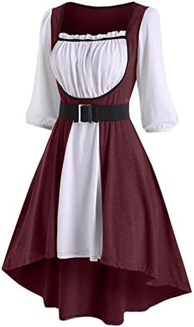 Womenените гроздобер во боја блок фустани келтски готски половина ракав средновековен миди фустани квадратни вратот ренесанса