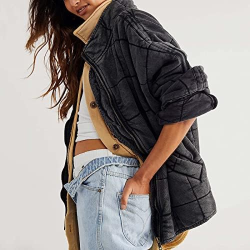 Womenените стенд-ап јака јакна моден патент есен зимски дебели долги ракави палта со џебови надворешна облека