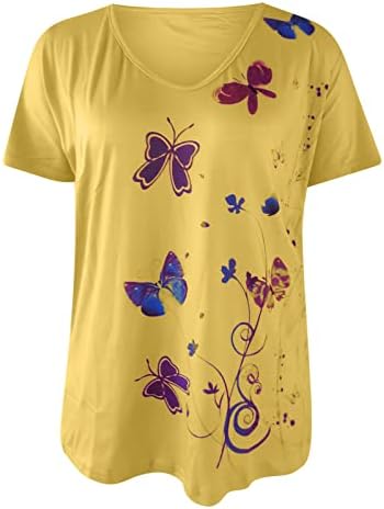 Дами врвен краток ракав 2023 Vneck Памук пеперутка цветна графичка лабава лабава блуза маичка за тинејџери за тинејџери ng ng