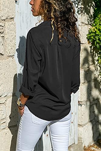 Andongnywell женски долг ракав обичен лапел блуз џеб копче надолу со кошула врвови на џебови блуза за кошула