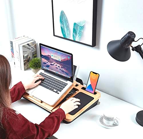 Бамбус лаптоп скут биро, агол прилагодлив со торба за куќиште на ракав и мека перница, лаптоп компјутерски штанд за кревет со