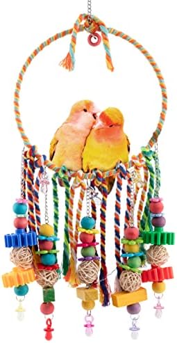 Птица перка со шарени играчки за џвакање- Перч на птици за замав со шарени памучни јажиња и играчки за приврзоци за внатрешни