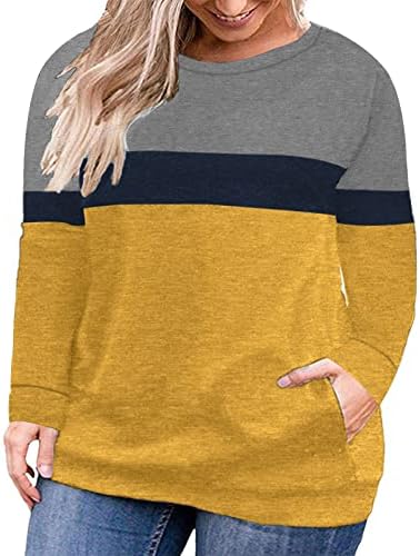 Росрис плус големина џемпери за жени во боја блок со долги ракави џебови пуловер