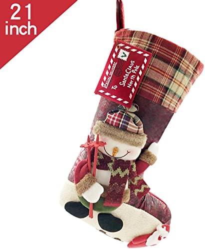 Eteramus 21 инчи карирани Божиќни чорапи Снежен човек со Дедо Мраз едно парче, се чувствуваше голем кадифен 3Д снежен човек