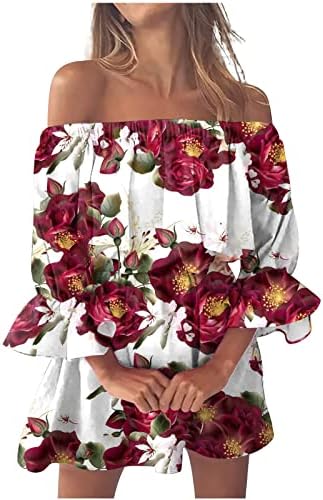 Qiguandz жени од рамо 3/4 Фенерски ракав мини фустани лето Babydoll Boho цветни трендовски симпатични еластични фустани на плажа