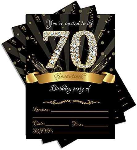 70 -ти покани за роденденска забава 5x7 црни и златни картички со коверти и златно метално пенкало