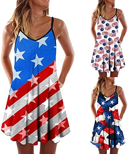 Балаки женски 4-ти јули американско знаме на американското знаме маици фустан летен обичен фустан на плажа со џебови