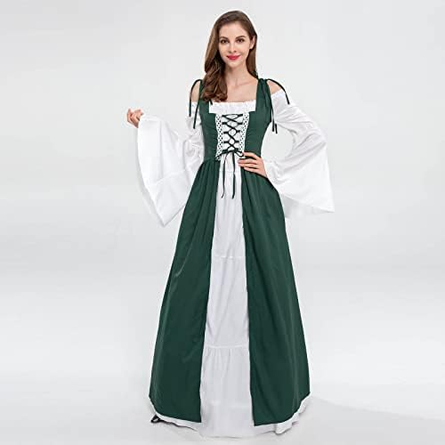 Narhbrg женски ренесансни фустани костум Средновековна ирска над фустани и трубани ракави хемисем бохо надвор од рамото максично