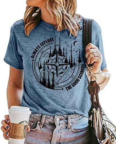 Travelенски патувања Истражете ги маиците за сценографии Компас планински графички маички летни пешачки кампување со кратки