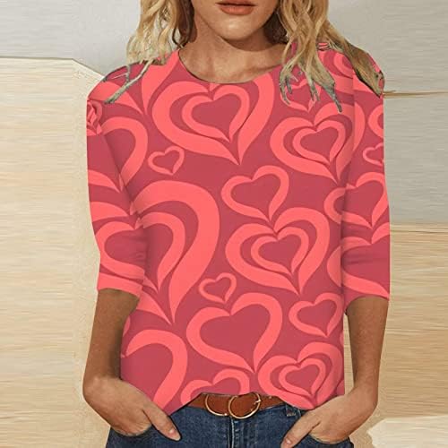 Денот на в Valentубените кошули за жени обични слатки loveубовни срцеви графички графички трендовски 3/4 ракави врвови лесни