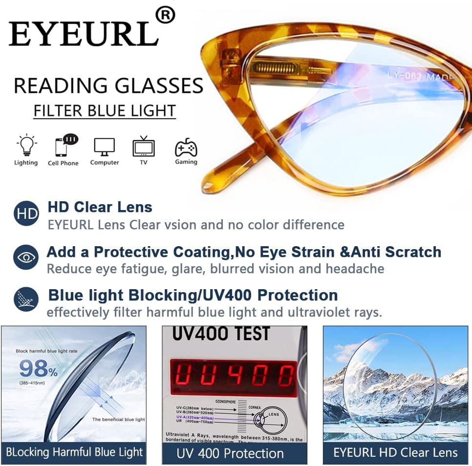 Очила за читање со 4 пакувања за жени, модни мачки очи сини светло блокирајќи ги читателите со пролетни шарки, анти-сјајни/УВ