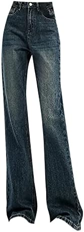 Женски гроздобер фармерки со пламен со високи половини со трендовски панталони панталони со растојание искинато палацо панталони