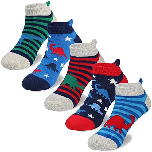 Денот на памук Денот на децата момчиња глужд со ниско сечење атлетски перничиња единствени чорапи Забава шарен дизајн диносаурус,