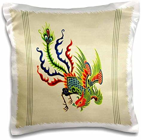 3drose зелена, сина и црвена пискава кинески петел со крем позадина и акценти на темна линија за перници, 16 x 16