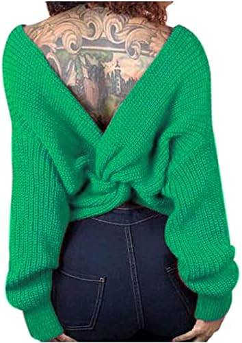 Женски обични џемпери со аспиратор со долги ракави V вратот Цврста боја на плетено качурки паѓаат трендовски лабав џемпер врвови