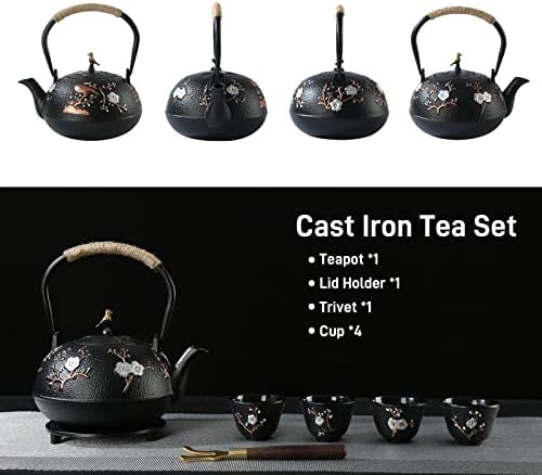 СЕТ ЗА Чај СЕЧУДО Чајник Во Јапонски Стил Прекрасен Чајник Од Црно Леано Железо Со 4 Чаши, 1 Тривета И 1 Држач за Капак, Чајник