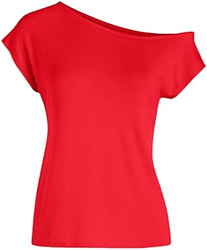 Женски кошули цврста боја коси јака од рамо маици лето секси удобни маички лесни врвови за кратки ракави