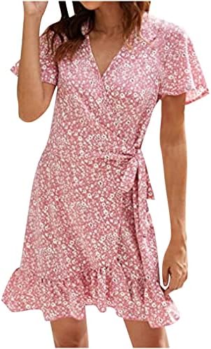 ЛМДУДАН летен шифон фустан за женски кратки ракави за завиткување фустан со цветни печатени половини вратоврска со V-вратот
