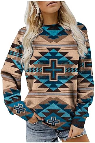 Врвови за жени со долги ракави Западни кошули Ацтек Геометриски џемпери етнички графички пуловер гроздобер тела блузи