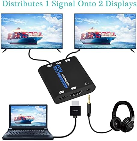 HDMI Splitter 1x2 со аудио екстрактор, 1 во 2 Out Audio Video Distributor Box, HDMI 2.0B, HDCP 2.2, HDR, поддршка 4K@60Hz Ultra
