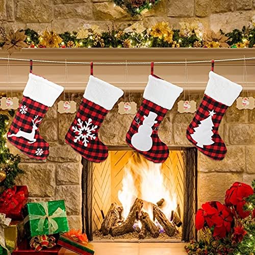 4 Пакуваат големи божиќни порибници, 18 инчи црвени црни црни биволи карирани Божиќни чорапи камин виси чорапи за семејна рустикална