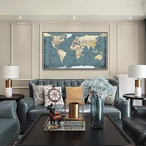 Велмеко Голем канцелариски wallид декорација Ретро детална светска мапа на платно отпечатоци со премиум црна рамка гроздобер